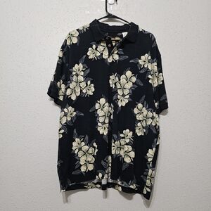 Caribbean Silk Cotton Blend Hawaiian Floral Polo Shirt XL Black Tropical Resort